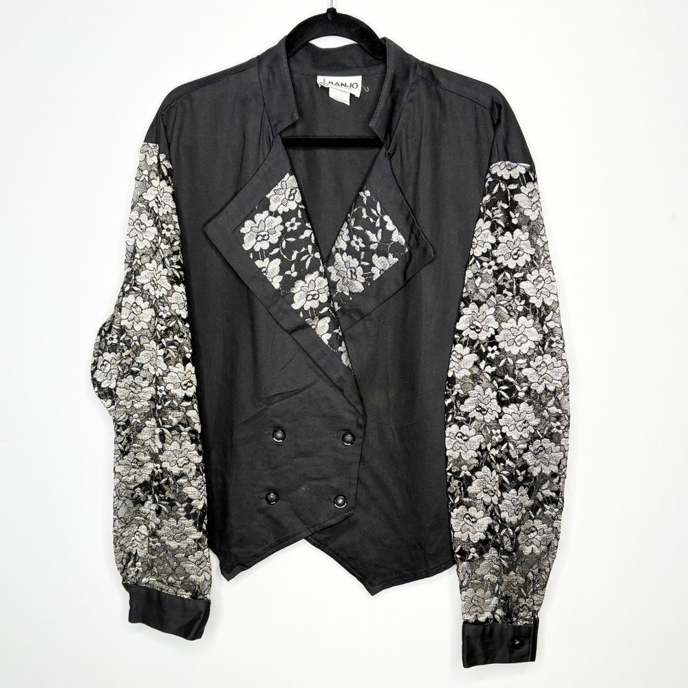 Banjo Vintage 80s Black Lace Sleeve Double Breasted Top Plus Size 3X Cotton